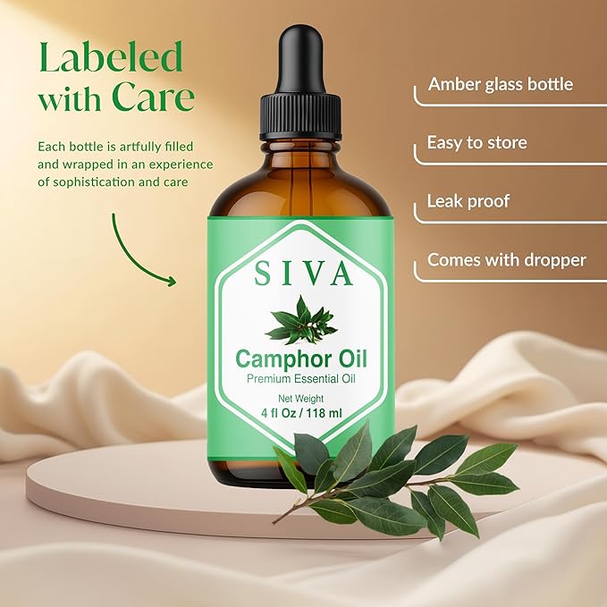 Siva Camphor Essential Oil - 4 Fl Oz – 100% Natural Camphor Oil - for Diffuser, Face, Skin Care, Aromatherapy, Hair Care, Scalp and Body Massage - with Dropper - Bloomnest