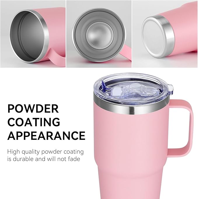 VEGOND 20 oz Tumbler with Handle Lid and Straw, Stainless Steel Insulated Travel Coffee Mug Spill Proof Double Wall Metal Tumbler Cup Keeps Drink Hot and Cold, Pink 1 Pack - Bloomnest