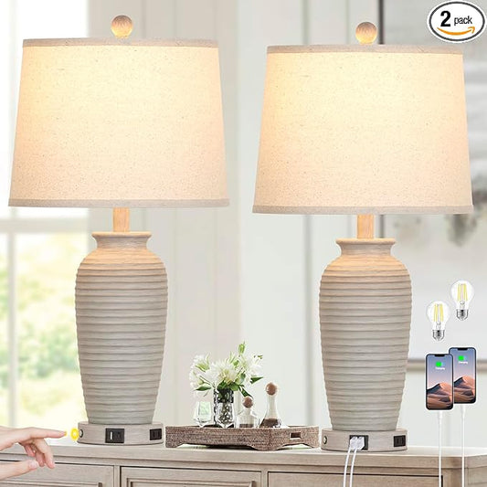 25" Farmhouse Jar Table Lamps Set of 2, 3 Way Touch Control Rustic Bedside Lamps with USB A+C Ports & AC Outlet, Pot Nightstand Lamps for Bedroom Living Room (LED Bulbs Included) - Bloomnest