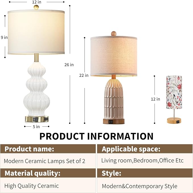 Modern White Table Lamps Set of 2 - Bedside Lamps for Night Stands, 26" Triple Gourd Ceramic Lamps for Living Room with USB A+C Ports & AC Outlet,3 Way Touch Lamps for Bedroom (LED Bulbs Included) - Bloomnest