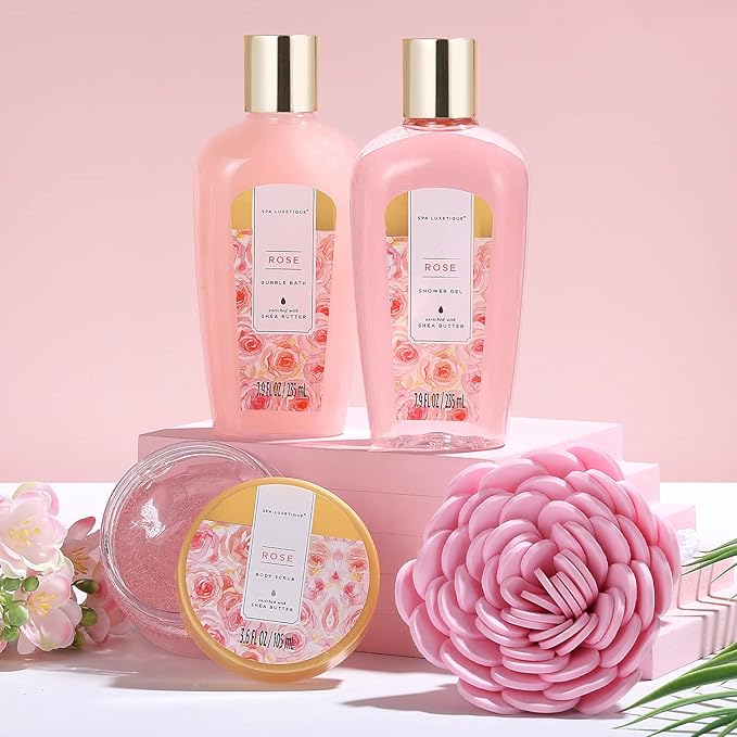 Spa Luxetique Spa Gift Baskets for Women, 12 Pcs Rose Presents Set with Bubble Bath, Bath Bombs, Body Lotion, Hand Cream, Christmas Gift Basket for Mom - Bloomnest