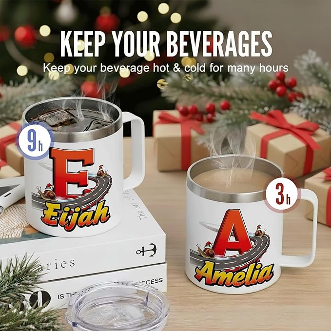JugJug Personalized Christmas Mug with Initial & Name - Funny Racing Snails 12oz Insulated Coffee Cup w/Lid - Xmas Gifts for Kids, Boys, Racers (B178) - Bloomnest