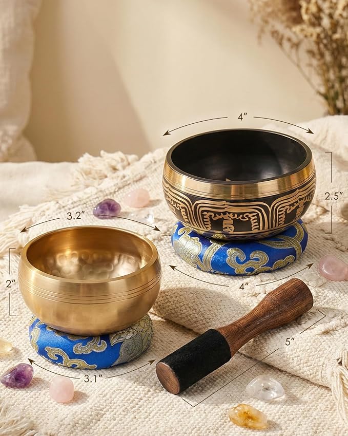 2-Pack Tibetan Singing Bowls Set - 100% Handmade in Nepal, Sound Bowl Meditation Set for Yoga, Chakra Healing, Meditation Gifts, Unique Gifts for Women HIhealer