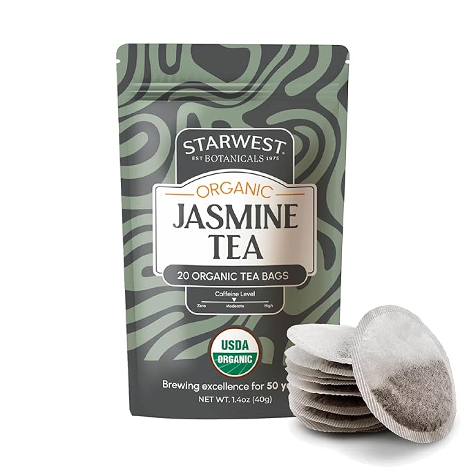 Starwest Botanicals Organic Jasmine Tea - Caffeinated Herbal Blend, Green Tea Scented with Natural Jasmine Flowers, Fragrant & Uplifting, Enjoy Hot or Iced, USDA Organic, Non GMO - 20 Tea Bags - Bloomnest