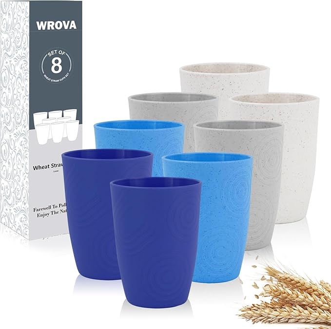 Wrova Wheat Straw Cups 8 PCS Good Alternative to Plastic Reusable Cups 12 oz Unbreakable Drinking Cup Reusable Dishwasher Safe Water Plastic Glasses,White-Grey-Blue - Bloomnest
