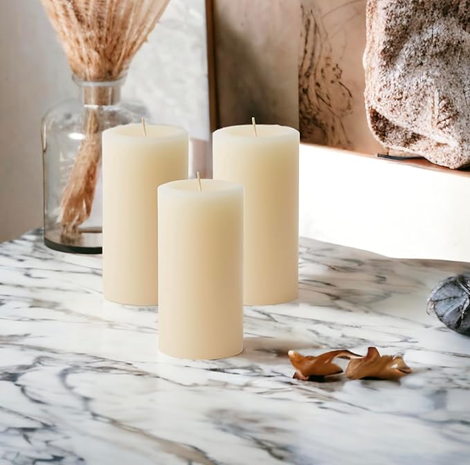 Mister Candle Dripless Vanilla Scented Ivory Pillar Candles Set of 3, Hand Made Vanilla Pillar Candles with Essential Oils for Home Decor, Premium Wax, 80 Hr Burn Time (3x6 inch) - Bloomnest