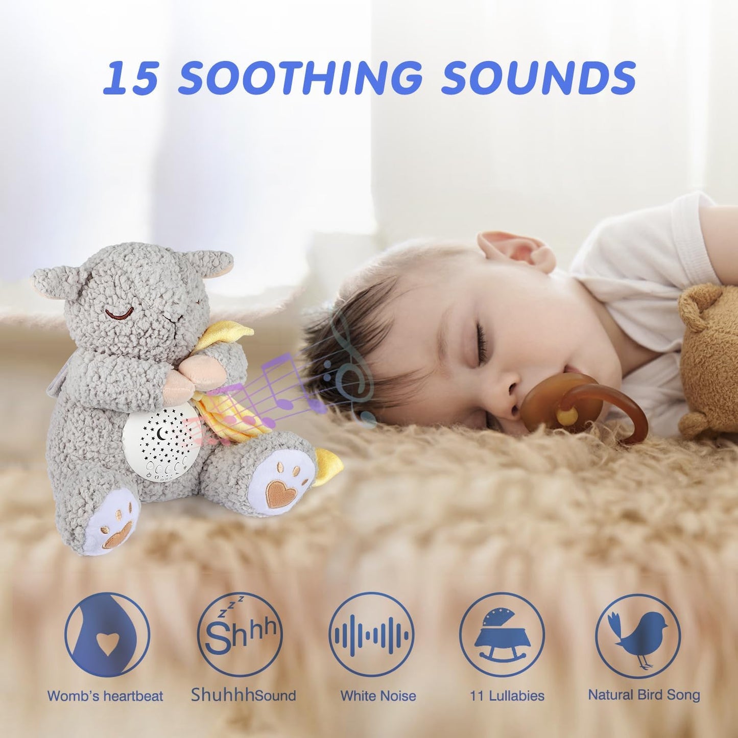 BEREST Baby White Noise Machine Stuffed Animal Toy, Mom's Heartbeat Lullabies Sheep Sleep Soother, Nursery Decor Night Light Projector, Toddler Crib Sleeping Aid, Babies Shower Gifts Portable