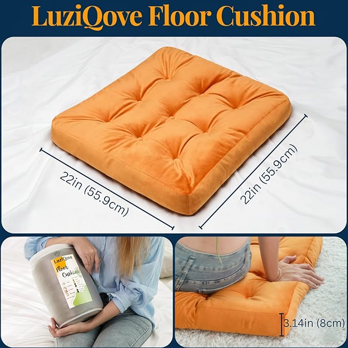 Velvet Floor Pillow,Square Large Pillows Seating for Adults, Orange Tufted Cushions for Meditation Yoga Tatami Living Room Chair Booster Machine-Washable & Dryer-Safe, Orange, 22x22 Inch - Bloomnest
