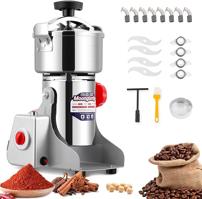 Moongiantgo Upgraded Spiral Seal Grain Mill Grinder Electric 800g 2500W High Speed Spice Grinder Pulverizer Dry Grinding Machine for Dry Cereal Bean Corn Wheat Herbs, with 4 Set Blades (800g, 110V) - Bloomnest