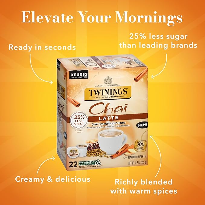 Twinings Chai Latte Black Tea K-Cup Pods for Keurig, 22 Count (Pack of 1), Creamy, Slightly Sweet, Less Sugar, Caffeinated, Enjoy Hot or Iced - Bloomnest