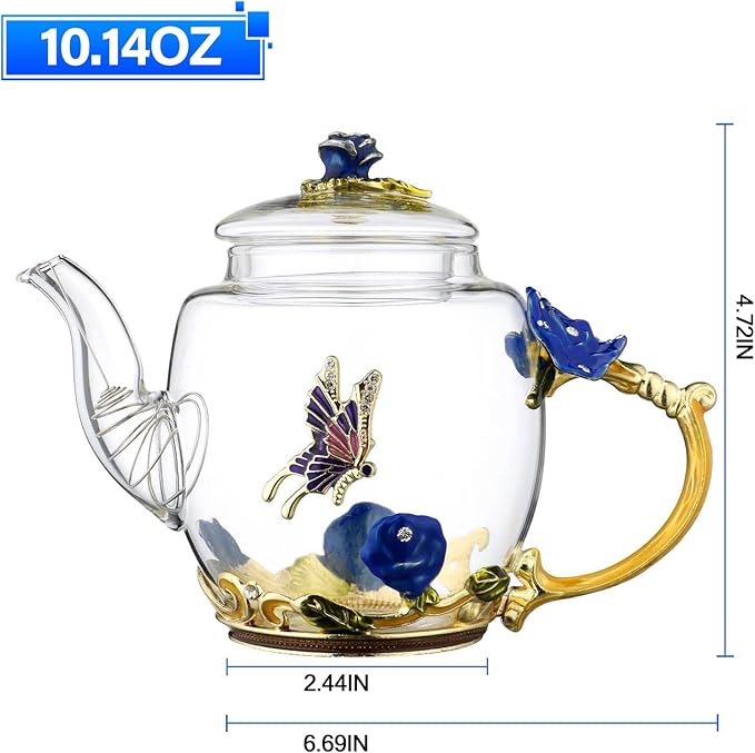 Glass Teapot -300 ml (10 oz) - Blue Rose Flower Butterfly Decoration Heat Resistant Glass Teapot Kettle Loose Leaf Teapot Tea Party Set (Blue) - Bloomnest