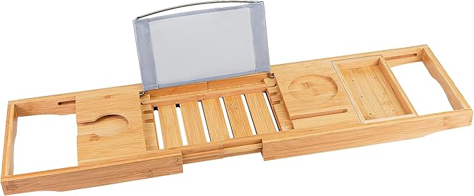 Utoplike Bamboo Bathtub Caddy Tray Bath Tray for Tub, Adjustable Bathroom Bathtub Organizer with Book Tablet Wine Glass Cup Towel Holder - Bloomnest
