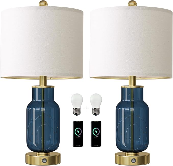 Oneach 22" Glass Table Lamps Set of 2, Blue Modern Bedside Lamp with LED Night Light for Living Room, Nightstand Lamp with USB Ports for Bedrooms, Study Room, End Table(2 Bulbs Included) - Bloomnest