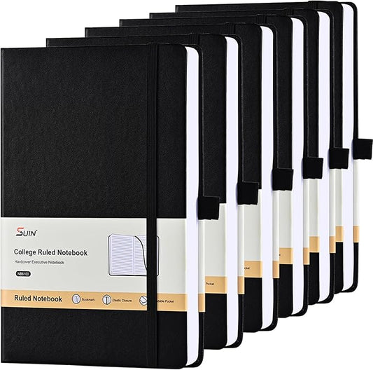 SUIN Lined Journal Notebook, Leather Hardcover Journal for Work, School, Travel, 100 GSM Paper, 160 Pages, 5.5x8.3 Inch, College Ruled, Black, 6-Pack - Bloomnest