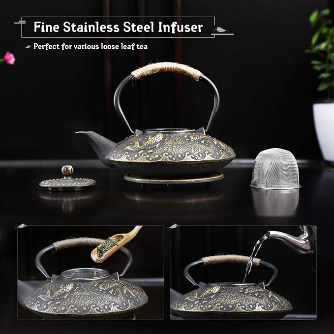 Ufine Koi Fish Cast Iron Teapot Set Stove Top Tea Kettle with 4 Cups Japanese Style Tetsubin Tea Gift Set, 26 oz with Stainless Steel Infuser - Bloomnest