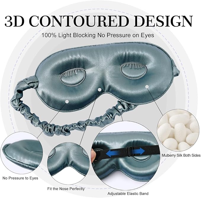 ZIMASILK Adjustable 22 Momme 100% Mulberry Silk Sleep Mask, 3D Contoured Cup Eye Mask for Sleeping, Super Soft Breathable Blindfold, Perfect Blocks Light for Sleeping. (Bluestone) - Bloomnest