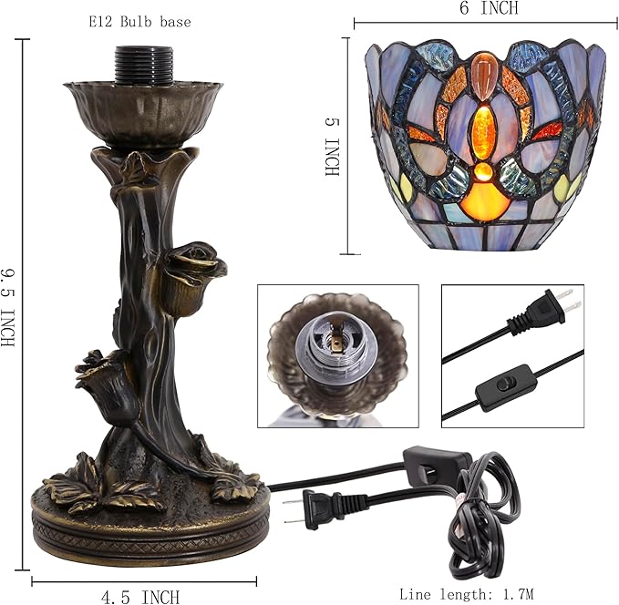 Small Tiffany Lamp Mini Stained Glass Table Lamp Blue Liaison Accent Desk Uplight W6 H13.5 Inch Bronze Resin Base - Bloomnest