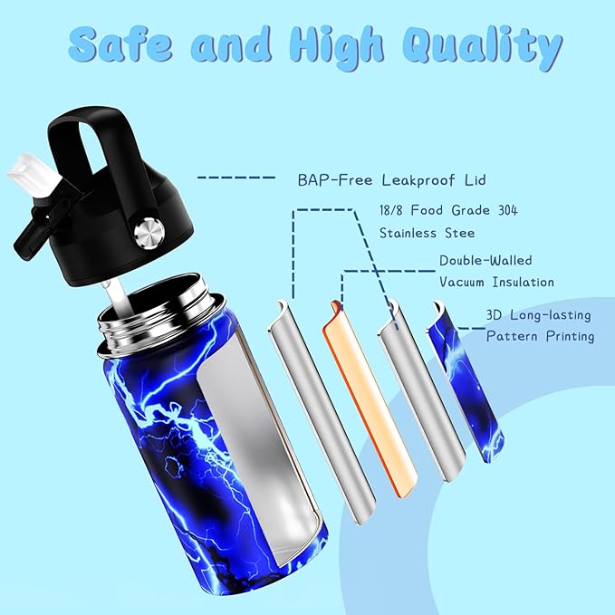 14oz Kids Insulated Water Bottle with Straw Lid - 18/8 Stainless Steel Kid Cup Travel Tumbler Double Wall Vacuum Leak Proof Portable Toddler Water Bottle (Lightning） - Bloomnest