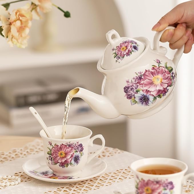 20-Pieces Tea Set For Adult with Golden Metal Rack,Porcelain Tea Sets For Women,Tea Gift Sets for Home&Party(K018) - Bloomnest