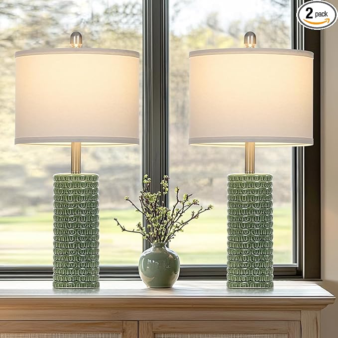 24.5" Green Ceramic Table Lamps Set of 2, Farmhouse Table Lamps for Living Room, Modern Lamps for Bedroom Night Stands, Traditional Nightstand Desk Lamps(LED Bulbs Included) - Bloomnest