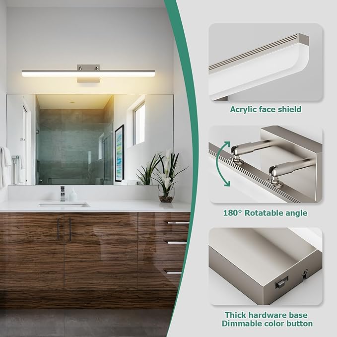 Brushed Nickel Vanity Light 31.5", 24W LED Dimmable Bathroom Light Bar with Adjustable Angle & 5CCT – Modern Long Wall Fixture for Bathroom, Powder Room, Bedroom, Apartment, Hotel - Bloomnest
