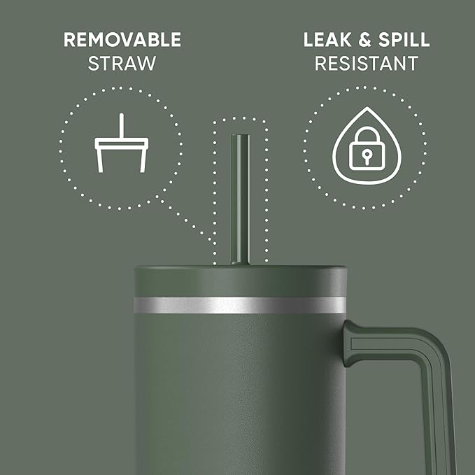 Hydrapeak Voyager 40 Oz Stainless Steel Tumbler with Handle, Insulated Water Bottle With Straw & Lid, Cupholder Friendly Reusable Travel Mug (Thyme) - Bloomnest