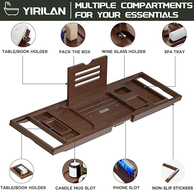 Yirilan Bathtub Trays for Tub,Bath Tray, Foldable Bathtub Caddy,Brown - Bloomnest