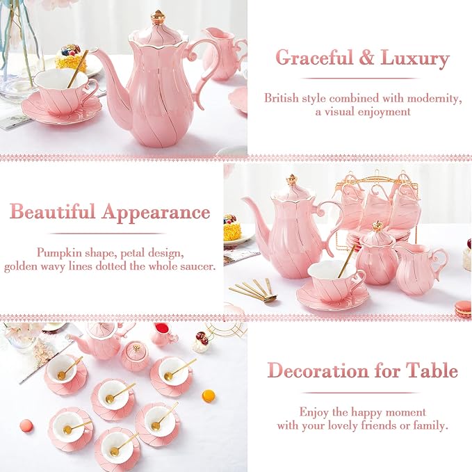 DUJUST 22 pcs Porcelain Tea Set for 6, Luxury British Style Tea/Coffee Cup Set with Golden Trim, Beautiful Tea Set for Women, Tea Party Set, Gift Package (With a Stand) - Pink - Bloomnest