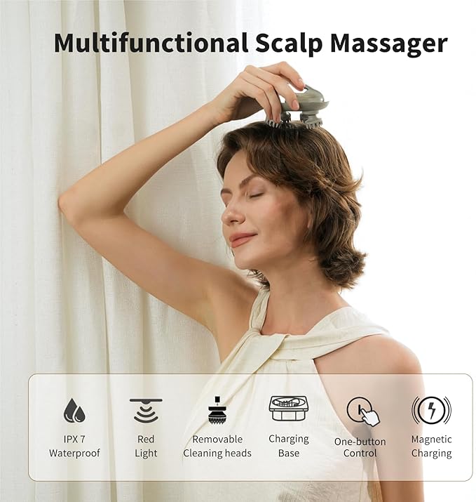 Breo Portable Mini Scalp Massager – IPX7 Waterproof Rechargeable Head Massager for Scalp Relax, Stress Relief Tool with Bamboo Wood Charging Base, Removable Massage Nodes (Silver with Base) breo