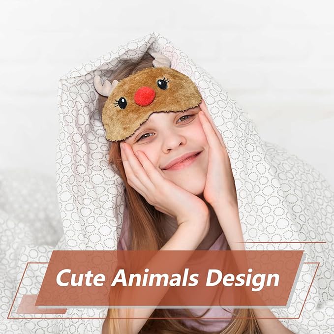 Christmas Reindeer Sleeping Mask Eye Mask Cute Animal Rudolph Sleep Mask Soft Plush Blindfold Funny Eye Cover Eyeshade for Kids Adults Girls Boys Women Men (Reindeer, Brown) - Bloomnest