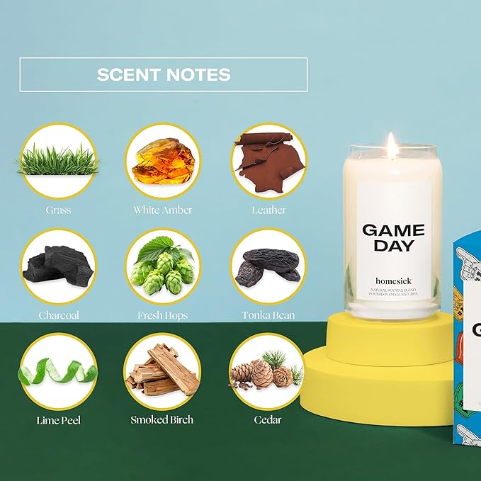 Homesick Scented Candles for Home (Game Day) - 13.75 oz Long-Lasting Soy Wax Blend Jar Candle Gifts for Women & Men, 60-80 Hours Burn Time - Notes of White Amber, Tonka Bean & Smoked Birch - Bloomnest