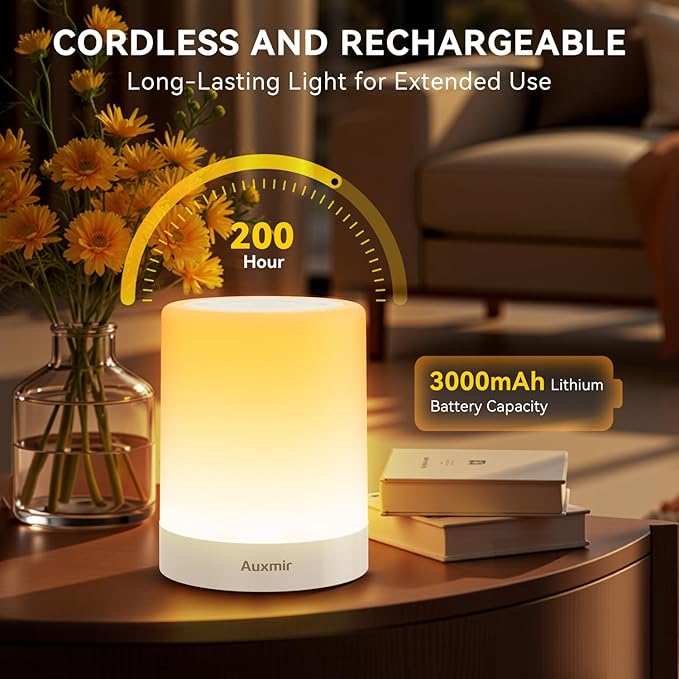 Auxmir Night Light for Kids Baby, Dimmable Touch Lamp for Nursery, 11 RGB Colors 5 Brightness, Portable Rechargeable Bedside Table Lamp for Nightstand, Kids Night Light for Bedroom Living Room, White - Bloomnest