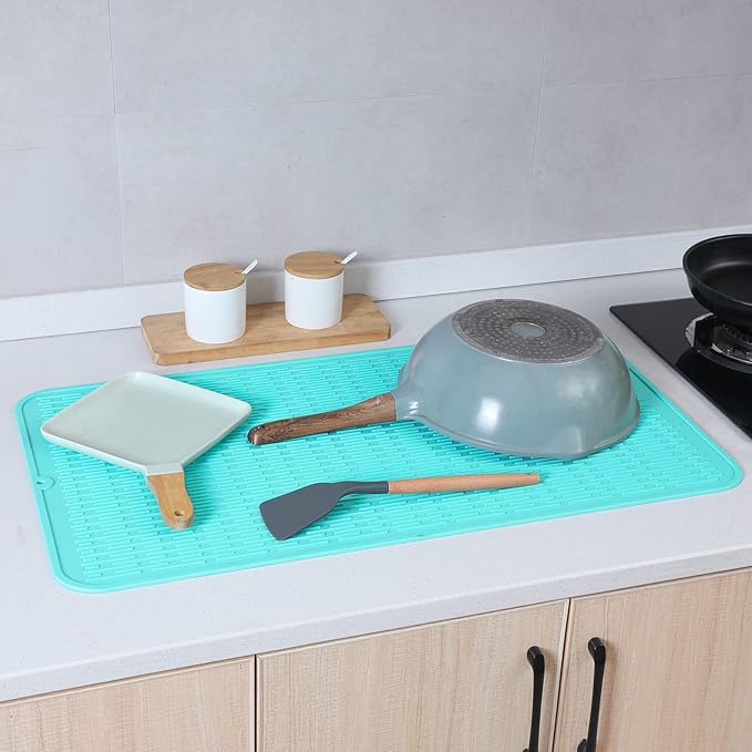 Silicone Dish Drying Mat for Multiple Usage,Easy clean,Eco-friendly,Heat-resistant Silicone Mat for Kitchen Counter or Sink,Refrigerator or Drawer Liner Mint 4XL 32 inches x 18 inches - Bloomnest