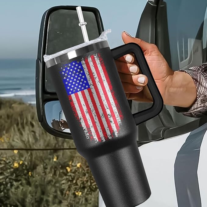 Ceovfoi American Flag Tumbler with Handle,40 oz Dad Vacuum Insulated Stainless Steel Travel Tumblers,Patriotic Military Gifts For Veterans, Police, Fathers Day, 4th of July - Bloomnest