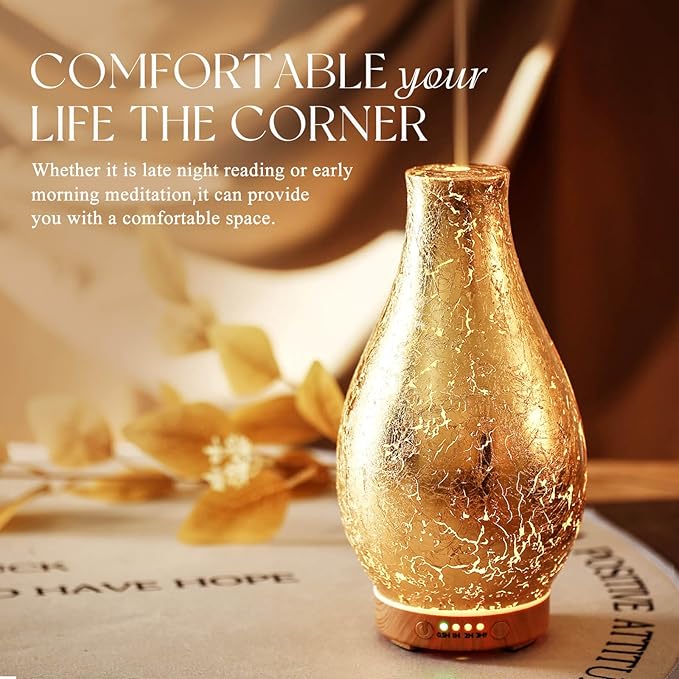 Porseme 100ml Gold-Plated Volcano Essential Oil Diffuser 3D Glass - Elegant and Effective Aromatherapy with 7 Color Changing LEDs and Waterless Auto-Off, BPA Free for Home Yoga Leisure SPA Gift Porseme