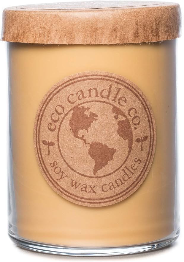 ECO CANDLE CO. Recycled Candle, Caramel Rum Cake, 18 oz. Double Wick - Scents of Caramel, Rum, Maple, Almond, Pear, & Vanilla - 100% Soy Wax, No Lead, Kraft Paper Label & Lid, Hand Poured - Bloomnest