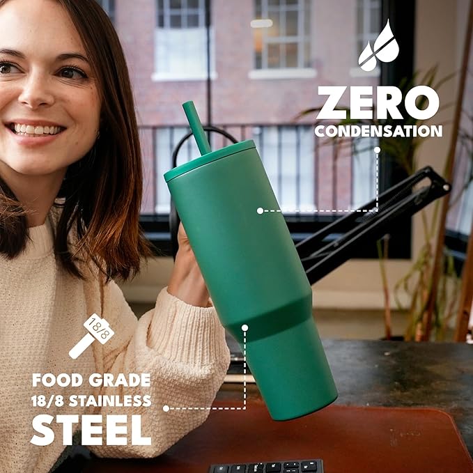 Elemental 40 oz Tumbler with Handle and Straw - Spill Proof Insulated Stainless Steel Commuter for Hot and Cold Beverages - Travel Coffee Mug with 2 Straws & Spill Proof Lid - 40oz - Forest Green - Bloomnest