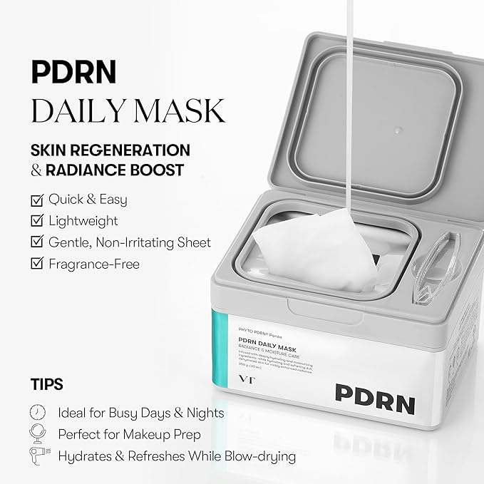 VT COSMETICS PDRN Daily Mask 30 Sheets, Vegan PDRN for Skin Restoration & Radiance, Hydrating & Moisturizing, Anti-Aging, Plumping Effect, Korean Face Mask (350g) - Bloomnest
