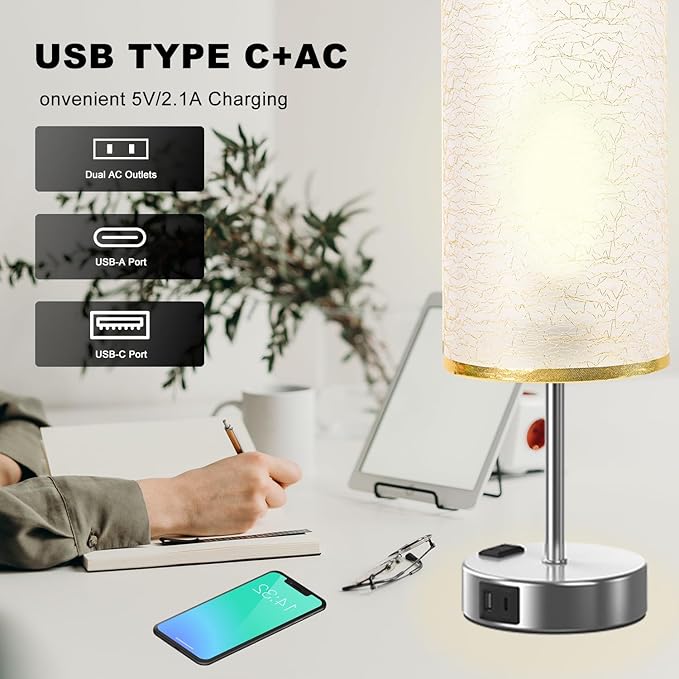 Table Lamp for Bedroom with Touch Control,Bedside Lamp with USB C+A Charging Ports& AC Outlets, Adjustable 3color LED Light for Home Decor/Nightstand/Bedroom/Office,Included Bulb and Fabric Lamp Shade - Bloomnest