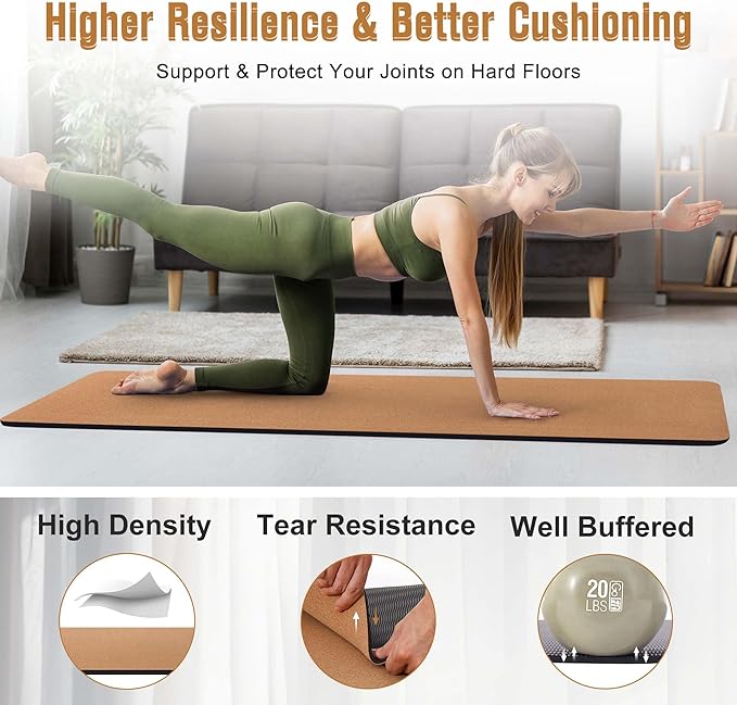 Premium Cork Yoga Mat 1/4 & 2/5 Inch Thick 72 x 26 in, Thick Cork and TPE Non Slip Yoga Mats for Women Men, Sweat Proof Eco-friendly, Great for Hot Yoga & Workouts - Bloomnest