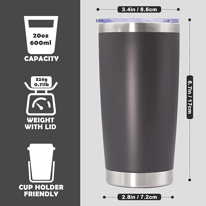 20oz Tumbler Stainless Steel Tumbler Cup with Lid Vacuum Insulated Double Wall Travel Mug, Durable Powder Coated Travel Coffee Tumbler Mug for Hot & Cold Drinks, Grey,1 Pack - Bloomnest