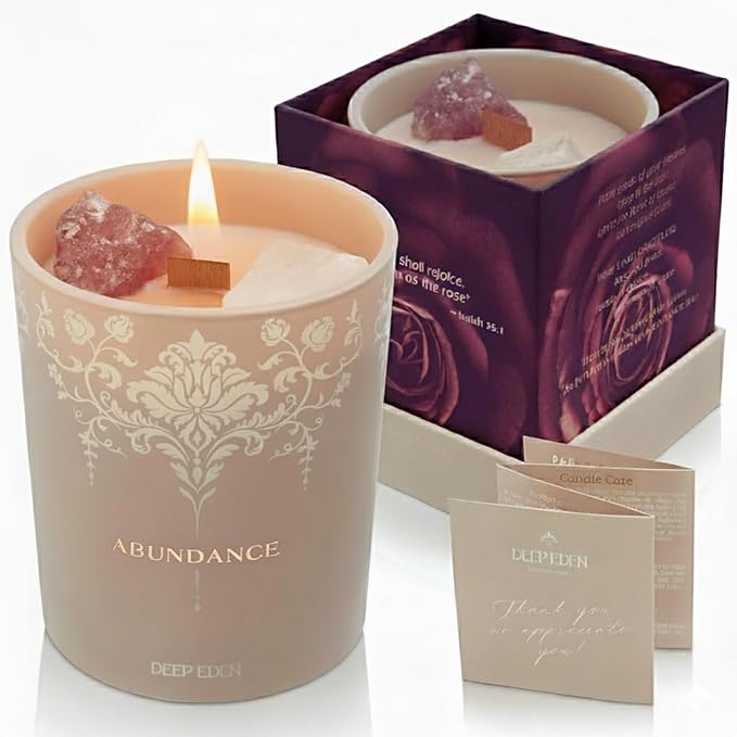 Luxury Crystal Candle for Women - Velvet Rose & Patchouli Scented Aromatherapy Candle - Manifestation Candle with Strawberry and Clear Quartz Crystals -7.4oz Natural Coconut, Soy Wax Wood Wick Candles - Bloomnest