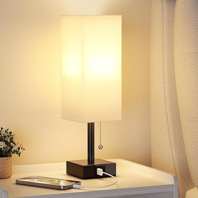 White Small Table Lamp for Bedroom - 3 Color Temperature 3000K 5000K 4000K Bedside Lamp, Pull Chain Control, USB A and C Charging Ports, Black Base, for Kids Office Dorm Nightstand, Bulb Included - Bloomnest