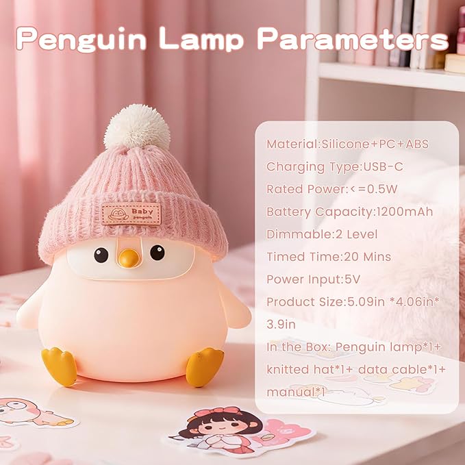 Penguin Silicone Night Light, Cute Pink Penguin Lamp with Knitted Hat, Soft Nursery Nightlight, USB Rechargeable/Dimmable,LED Squishy Novelty Animal Bedside Lamp,Funny Gifts for Kids/Girls - Bloomnest