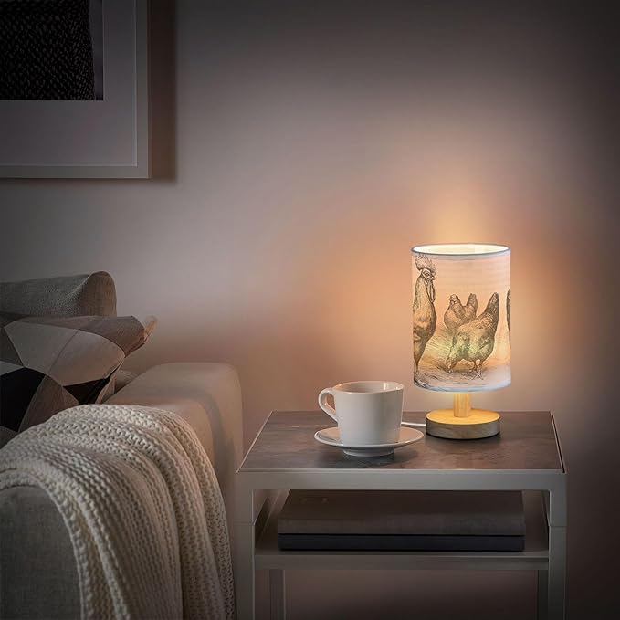 Table Lamp Retro Vintage Rooster Chicken Nightstand Lamp with Wood Base Fabric Lamp Shade Bedside Desk Lamp for Living Room Bedroom Kids Room Office - Bloomnest