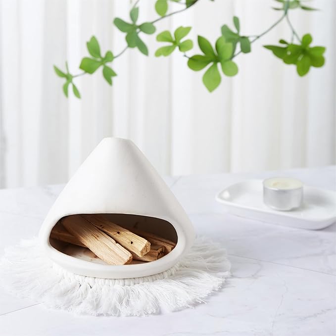 Ceramic Palo Santo Holder Burner,Incense Cone Holder,Mini Chiminea for Palo Santo Sticks and Sage Burner,with Handmade Heat Insulated Mat,Dust Brush,Metal Tweezer. (White) - Bloomnest