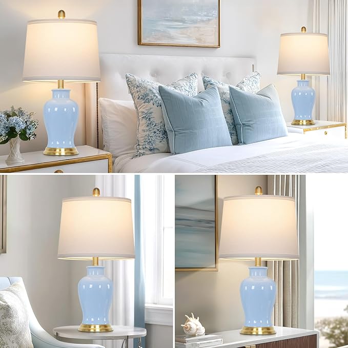 Blue Ceramic Table Lamps Set of 2, 23" Coastal Ceramic Lamps with Ginger Jar Design, Modern Bedside Lamp for Living Room End Table, Elegant Bedroom Lamp for Nightstand Desk Side Home Decor - Bloomnest