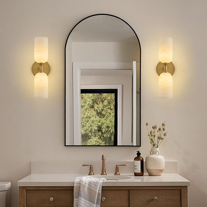 Vintage Alabaster Brass Wall Sconce: Set of 2 Antique Spanish Natural Marble Modern Vanity Wall Lights - 14" Brushed Gold Vanity Light - Indoor Sconces for Bathroom Stair Hallway Bedroom Living Room - Bloomnest