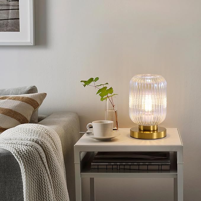 Dimmable Colorful Glass Table Lamp: Mid Century Modern Nightstand Light With Stained Shade - Small Decorative Brass Desk Lamp - Ribbed Glass Bedside Tables Lamps for Bedroom Living Room Bulb Excluded - Bloomnest
