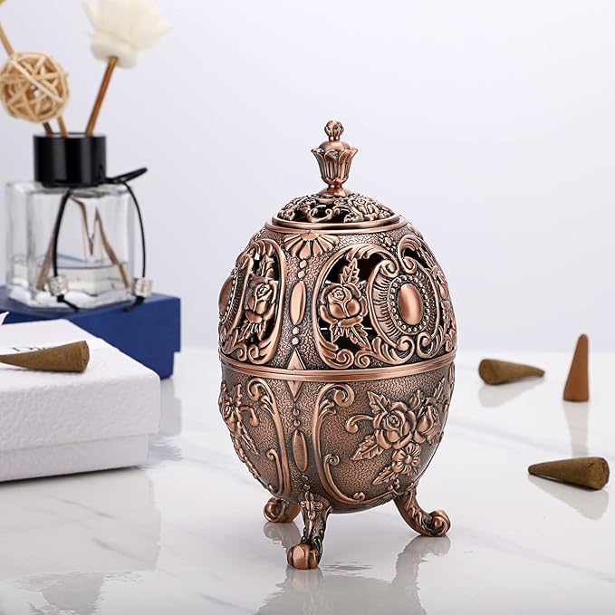 JUXYES Vintage Incense Burner Holder with Removable Ash Catchers, Metal Censer Antique Cone Coil Incense Burner Holder Zinc Alloy Spiritual Aromatherapy Yoga Meditation Gifts Retro Home Decoration - Bloomnest